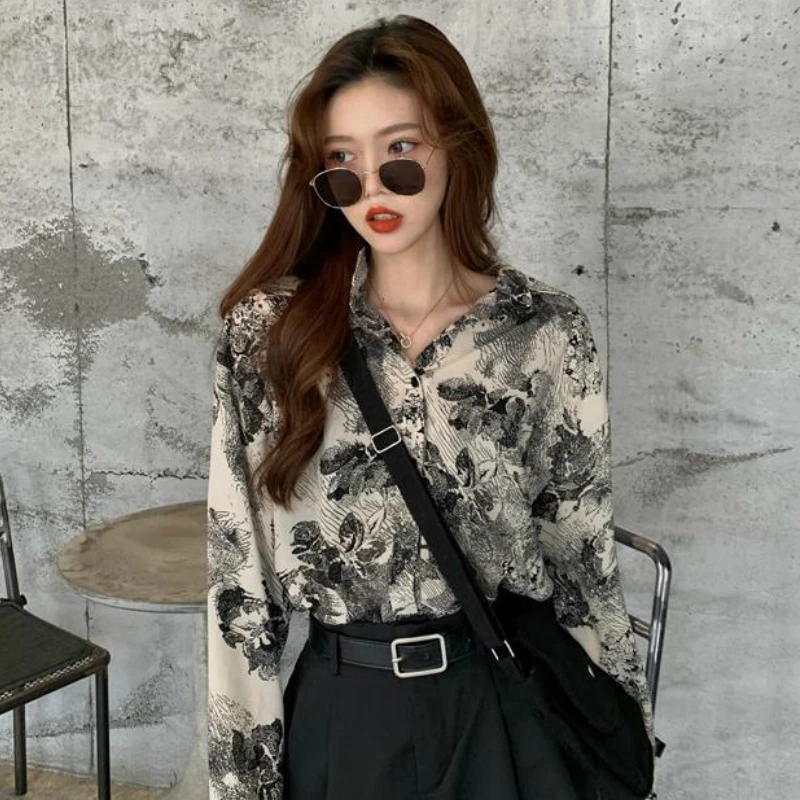 Shirts Women Vintage Chic BF High Street Harajuku Print Teens Clothes All-match Popular Casual Long Sleeve Ladies Sun-proof Top