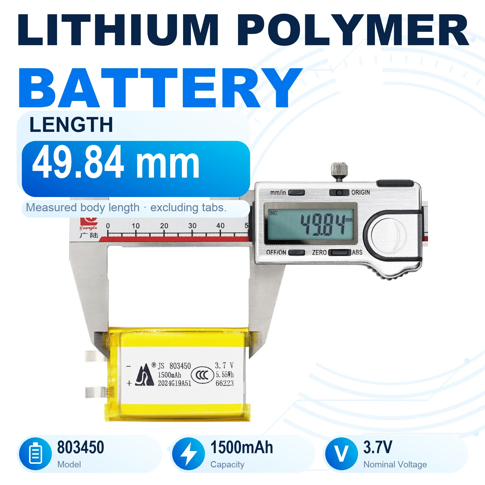803450 3.7V 1500mAh Rechargeable LiPo Battery 8x34x50mm Lithium Polymer Pouch Cell with Flat Metal Tabs