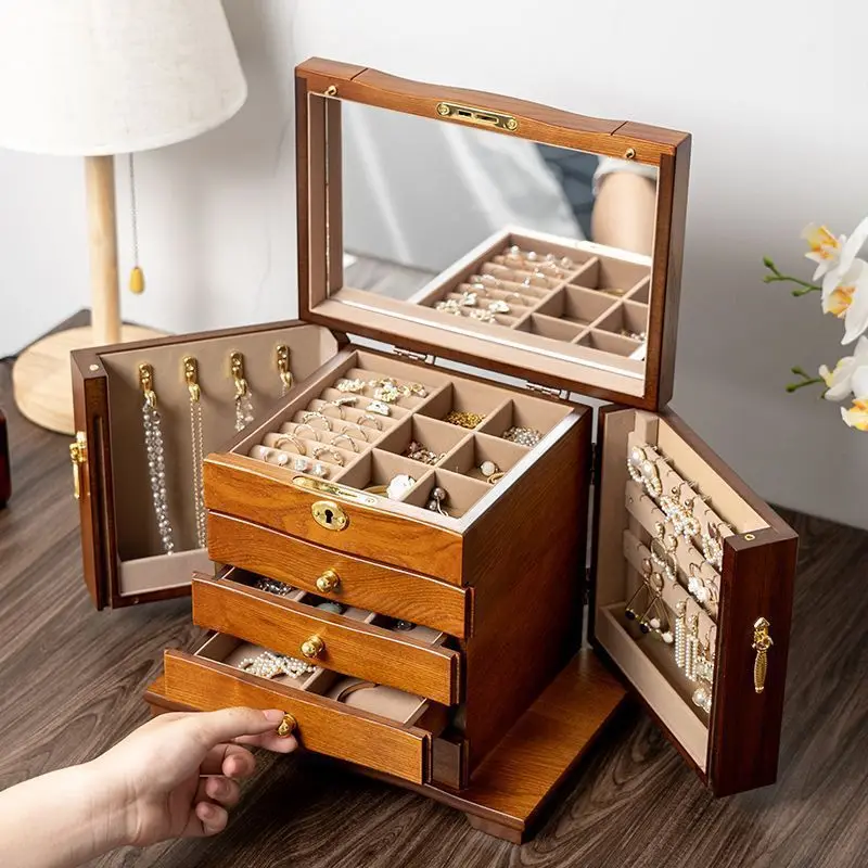 Jewelry Storage Box Solid Wood Jewelry Box 2024 New Wedding Dowry Hand Jewelry Wooden Large Capacity