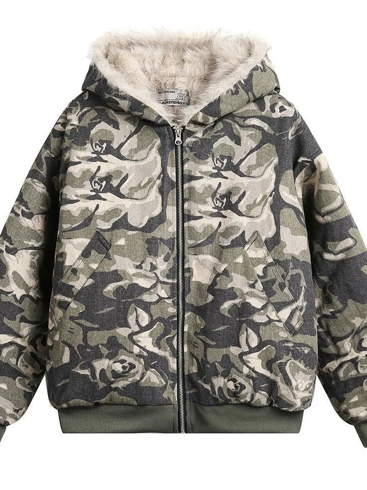 Retro American Camouflage Hooded Jacket Thickened Cotton Coat for Couples Winter Warm Long Sleeve Zipper Closure Casual Wear