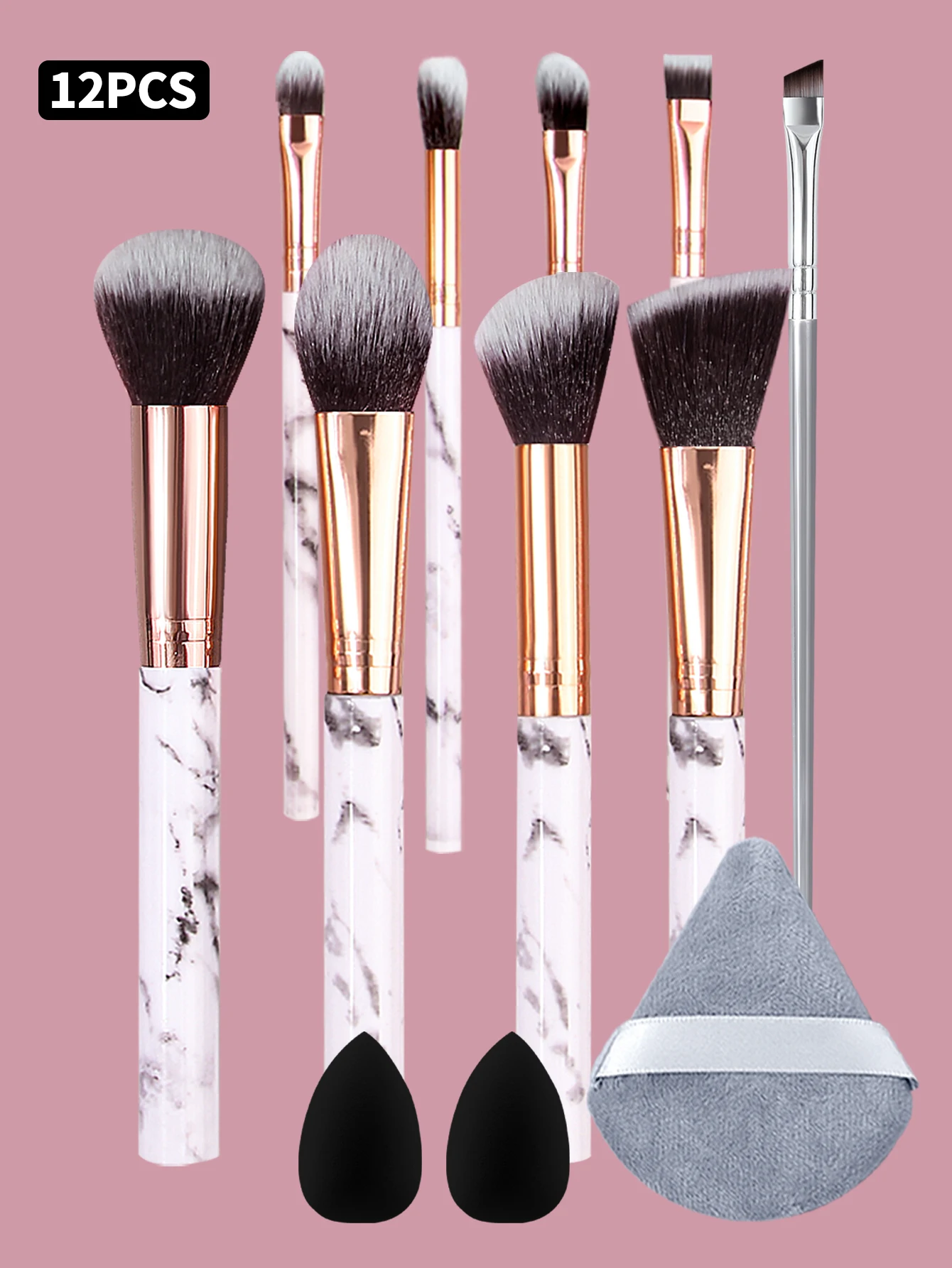 10Pcs Marble Makeup Brushes Face Eye Base Blush Brow Synthetic Brush With Sponge Flocking Puff Cosmetic Tools Daily Make Up Kit