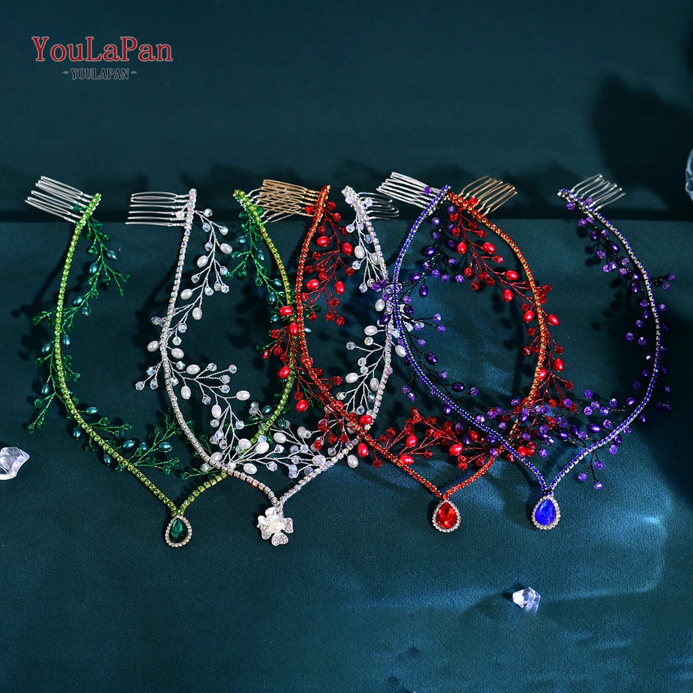 

YouLaPan Colorful Headwear Rhinestone Hair Comb Bride Crystal Headband Pearl Bridal Wedding Hair Ornament Women Headdress HP592
