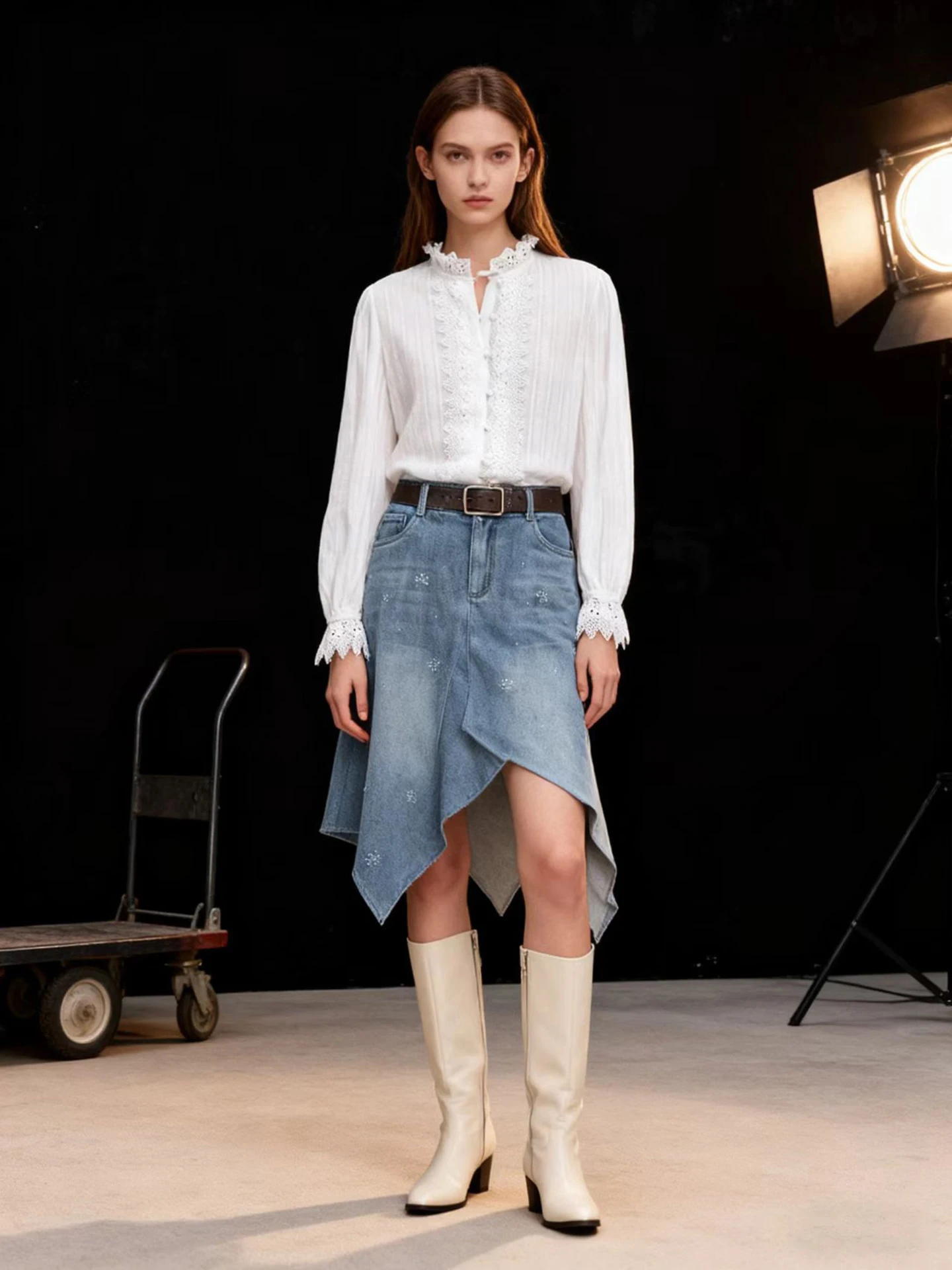 

HUAAPPUW White Lace Splice Button oulder irt Loose Fit Commute Sle Long Sve Cotton Spring New Arrival Women's irt