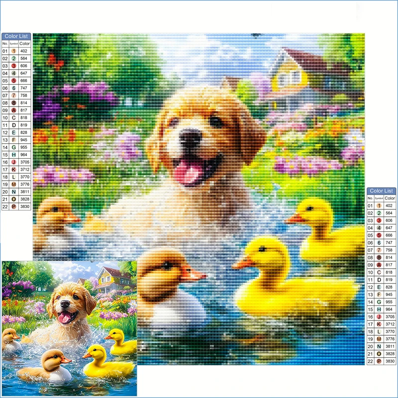 

Diamond Painting Kits New Arrivals Golden Retriever Dog Playing With Ducklings Diamond Mosaic Pictures Arts And Crafts Adults