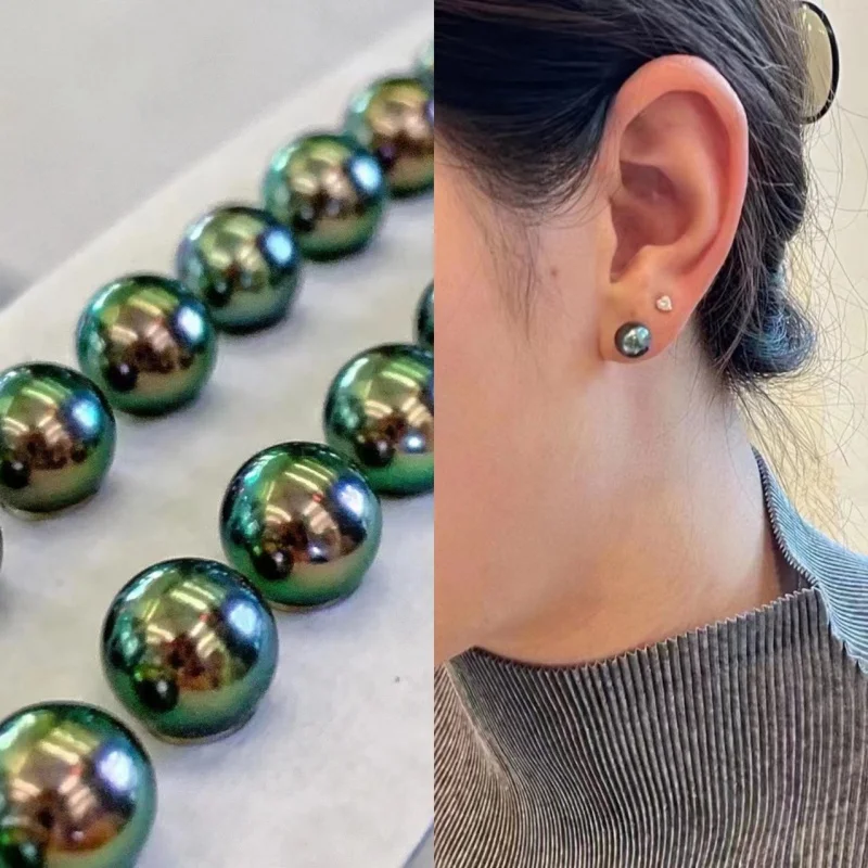 Freshwater Peacock Green Black Pearl Auricular Needle Natural Perfect Circle Mirror Light Optimized Earrings