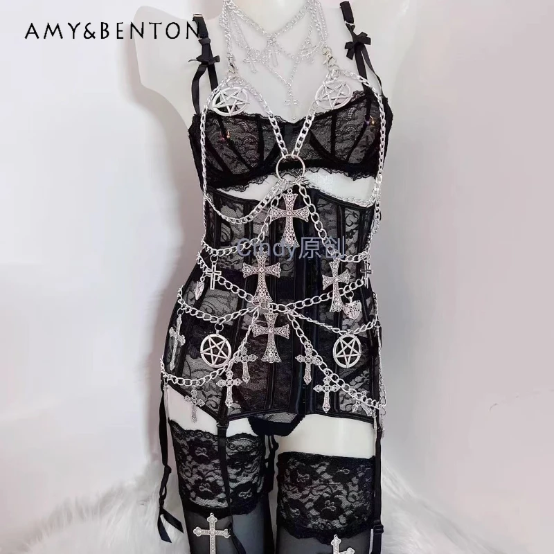 

2025 New Goth Girl Halloween Black Girdle Ladies Sling Top Original Design Sweet Cool Chain Sexy Lace Hollow Out Suit Ladies