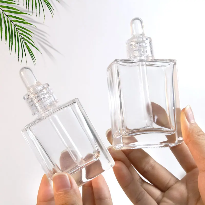 Luxury Guangzhou Factory Outlet Clear 30Ml 50Ml 100Ml 15Ml Transparent Flat Square Rectangle Emulsion Oil Dropper Glass Bottles