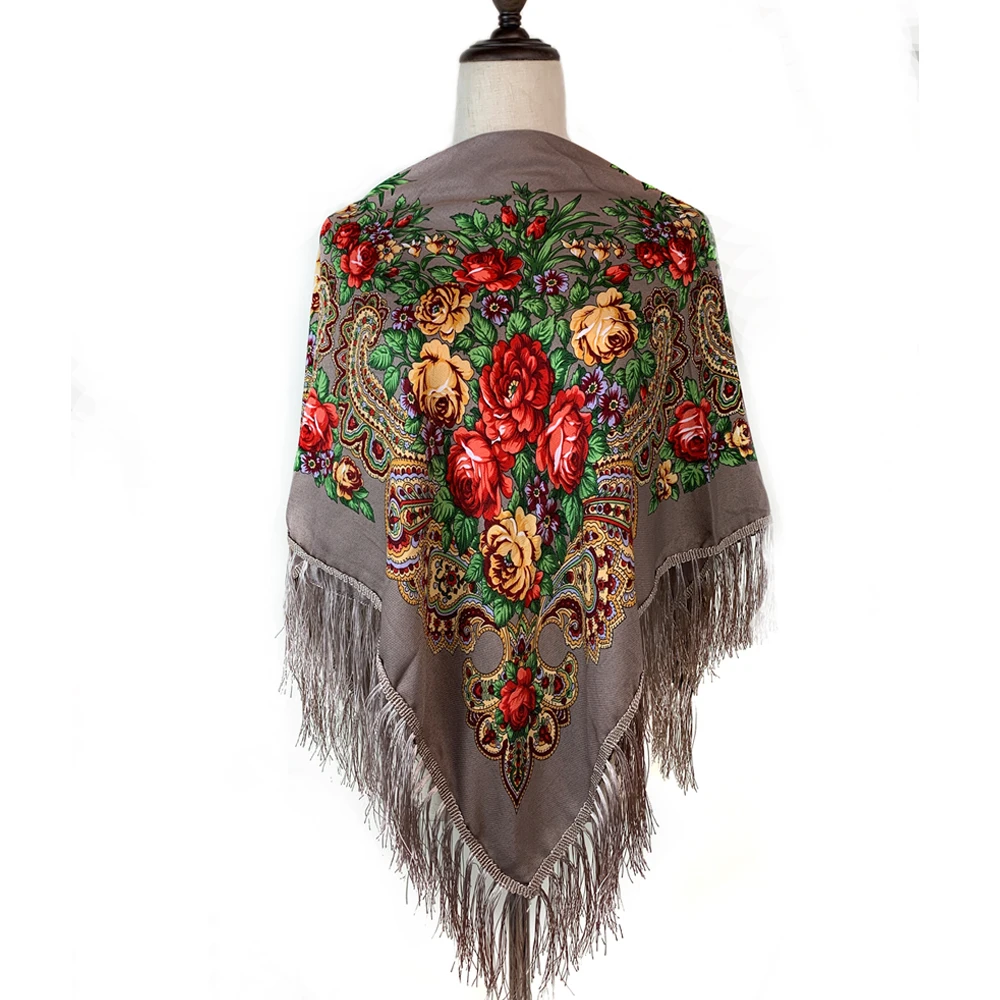 Russian National Square Scarf for Women Luxury Floral Print BandanaHead Scarves Ladies Fringed Winter Scarves Blanket Shawl