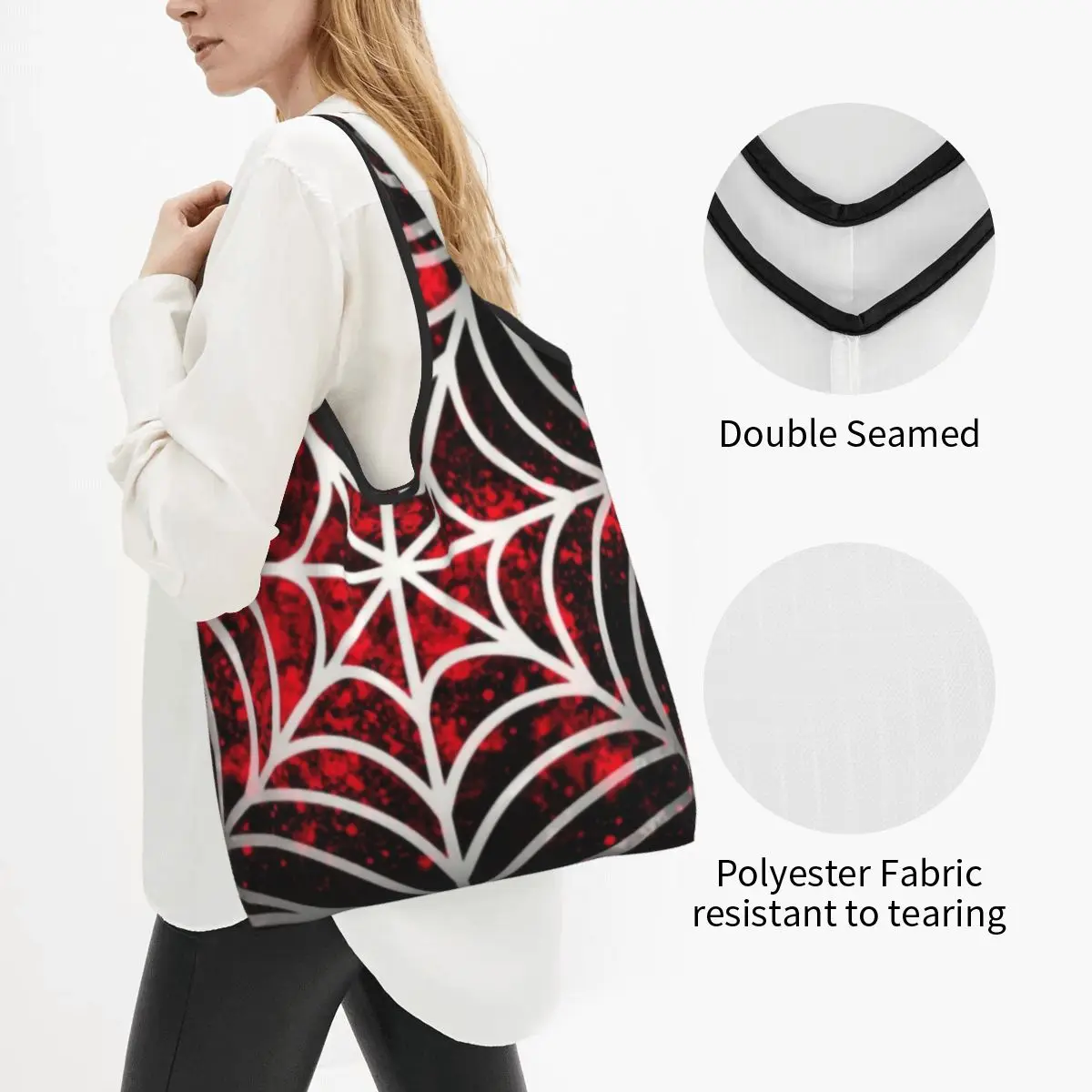 Schwarze und rote Spinnennetze Lebensmittel einkauf Einkaufstasche benutzer definierte Halloween Hexen Dinge Schulter Shopper Taschen große Kapazität Handtaschen