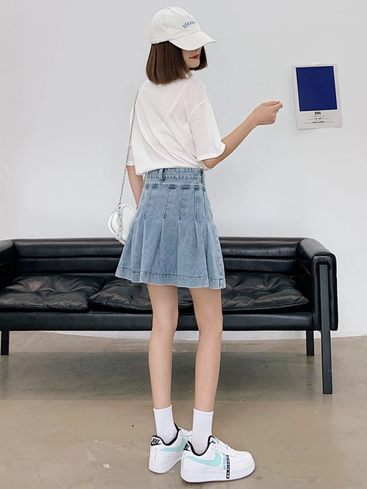 New 2024 Summer Denim Skirts For Women High Waist Pockets Pleated Blue Jeans Skirt Hot Sake Korean Fashion Lady Mini Skirt Woman