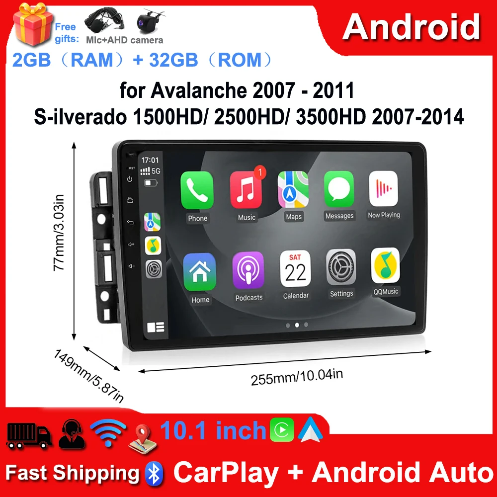 2+32G Android 13 Car Stereo for Avalanche 2007-2011, S-ilverado 1500HD/ 2500HD/ 3500HD 2007-2014 Support Wireless Carplay Android Auto 10.1in Car Radio with GPS WiFi Bluetooth FM DSP SWC Mirror Link Split Screen + AHD Backup Camera