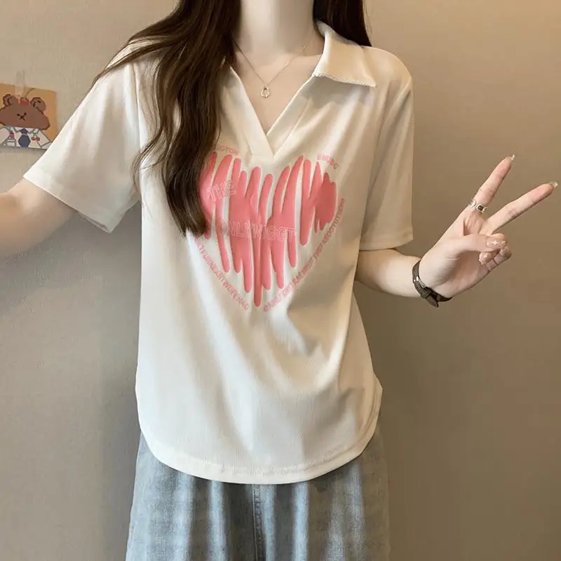 Camiseta informal con estampado de letras y solapa para mujer, ropa holgada de manga corta que combina con todo, coreana, 2024