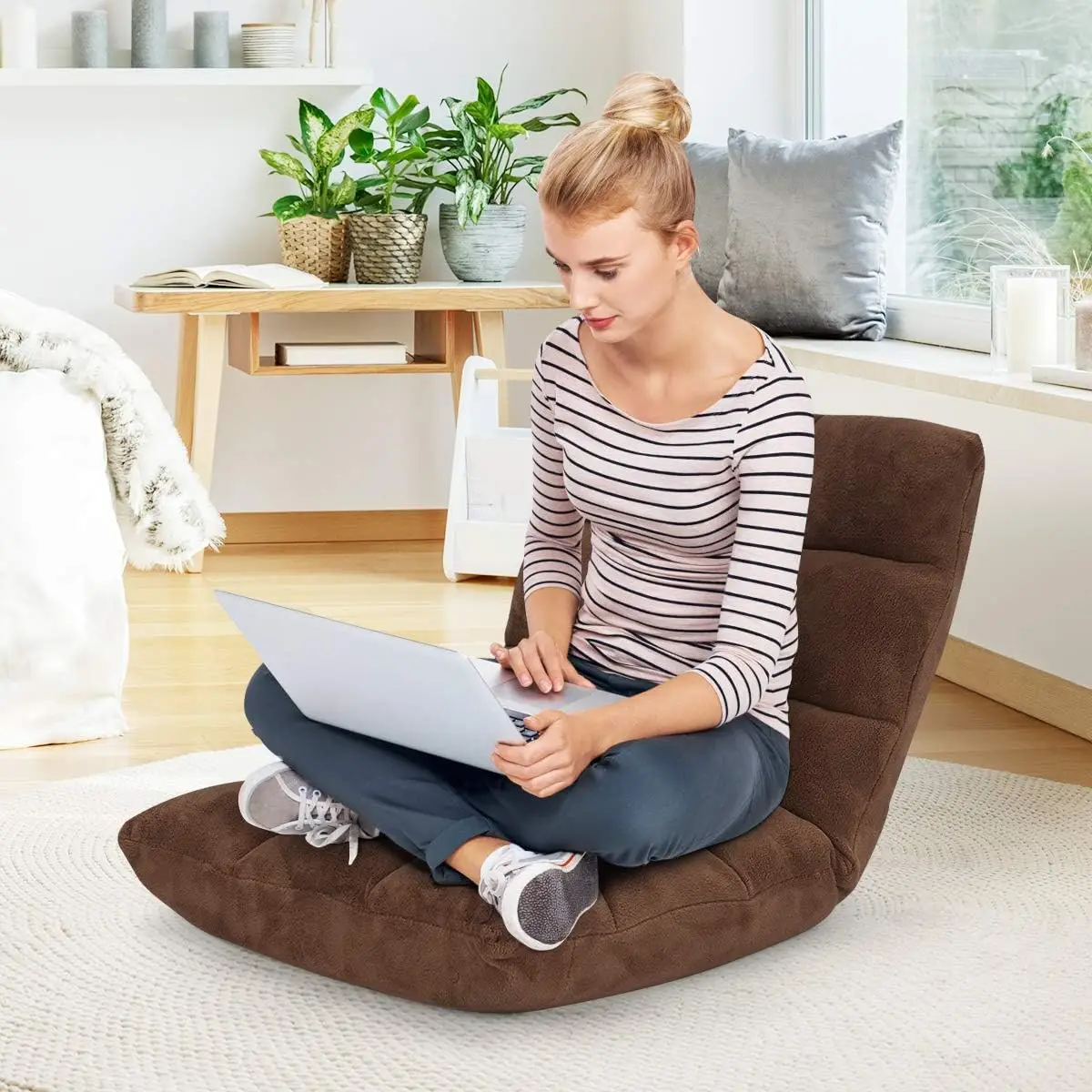 أريكة أرضية قابلة للطي مكونة من 14 موضعًا قابلة للتعديل للألعاب أريكة استرخاء كرسي مبطن سرير نوم قابل للطي لغرفة المعيشة وغرفة النوم باللون البني #2