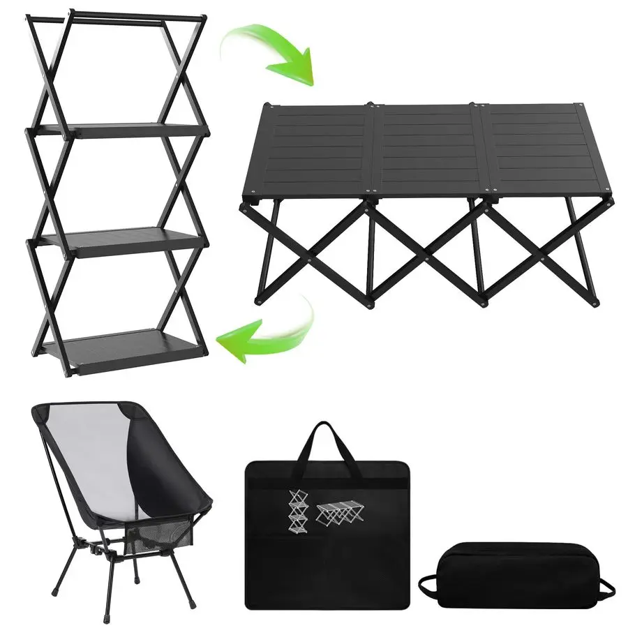 

in 1 Aluminum Folding Camping Table with Camping Chair,3Tier Heavy Duty Storage Racks Portable Camping Set, Lightweight Carry Ta