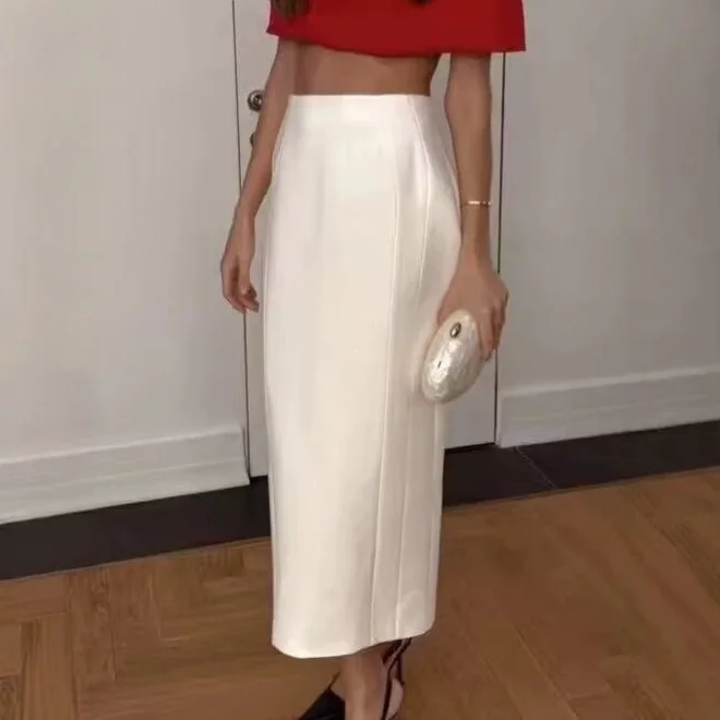 New Minimalist Style High Waist Bodycon Midi Skirt Back Split Women's Fashion Polyester Fiber Washed Surface Treatment