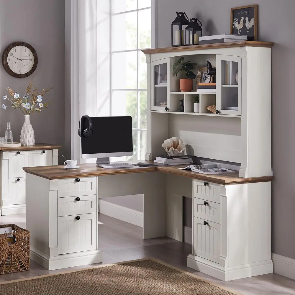 

60 L Shaped Executive Desk with Hutch and Drawers, Farmhouse Home Office Desk with Charging Station, File Cabinet Storage, Wood