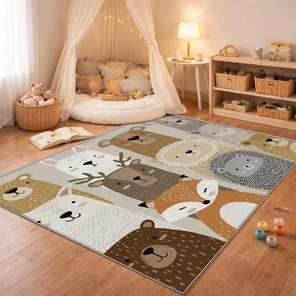 VIKAMA Woodland Animal Large Area Rug,Soft Non‑Slip Kids Floor Mat,Cartoon Forest Creature Print Carpet for Nursery Playroom Rug