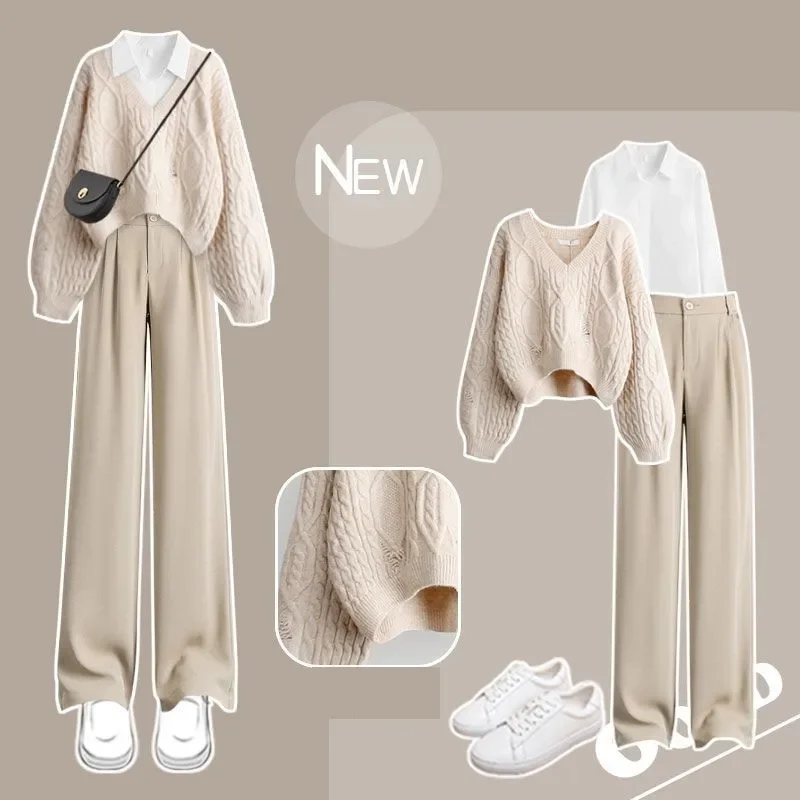 

Women Autumn/Winter Suit 2025 New Fashion Hole Knitted Sweater White Shirt Casual Pants 3-Piece Set Elegant Matching ZL916