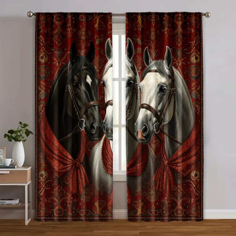 2pc,  Curtain Majestic horse 100% Polyester,Without Electricity Festive Holiday Applies to Room/bedroom/Window Decor