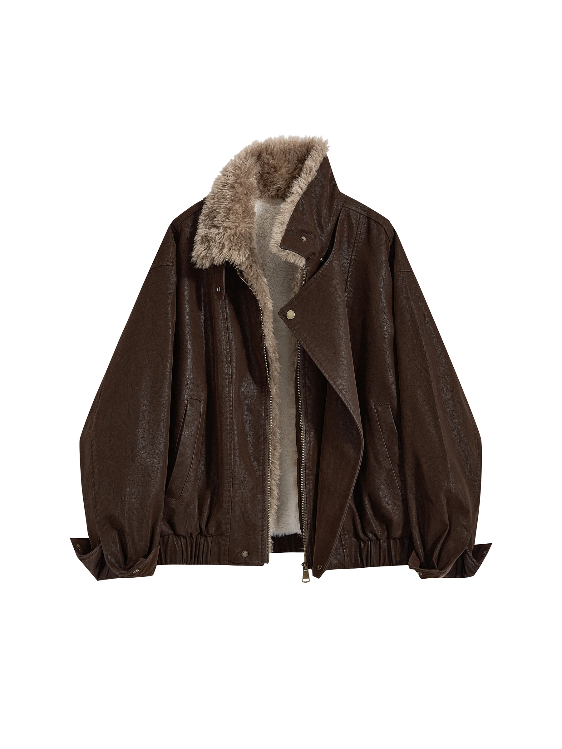 Jaet de couro Thiened feminino outono inverno Faion gola motociclista Sle cor café quente casual solto ajuste zíper Clo...