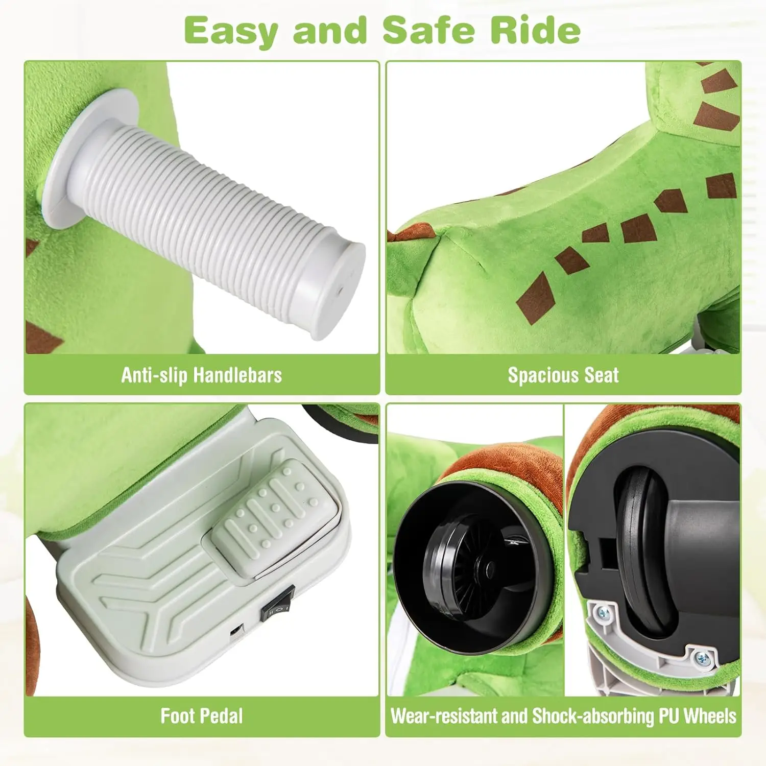 Dinozaur na zabawkowym samochodzie, zasilany akumulatorem 6 V, elektryczny zwierzak z 3 trybami jazdy, muzyka, pedał i wyściełane siedzisko, elektryczny