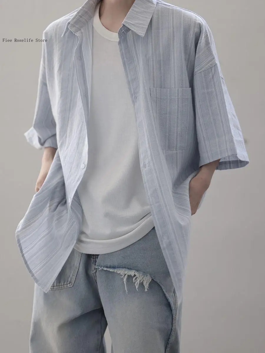 Summer and Autumn Lightweight and Elegant Japanese Style Silhouette with Loose Texture Short Sleeved Shirt for Men and Women