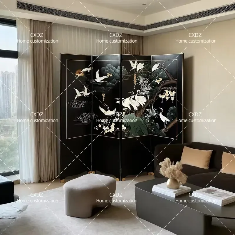 Custom Black Lacquer Retro Relief Hand Painted Folding Screen Pine Crane Partition Porch Decorative Tea Room Background