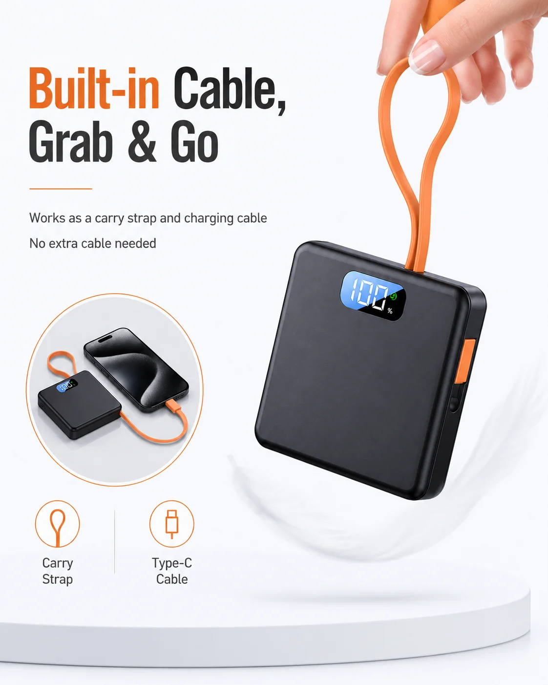 22.5W Fast Charge DIY Power Bank Shell QC PD Type C 3x18650 Battery Case with Built-in Cable Portable Charger Box No Battery