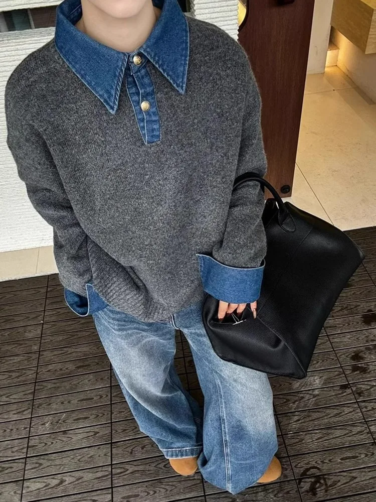 

Faionable Ne Splice Knitted Sweater Soft Comfortable College Sle Korean Version Long Sve Women's Top Lazy Sle