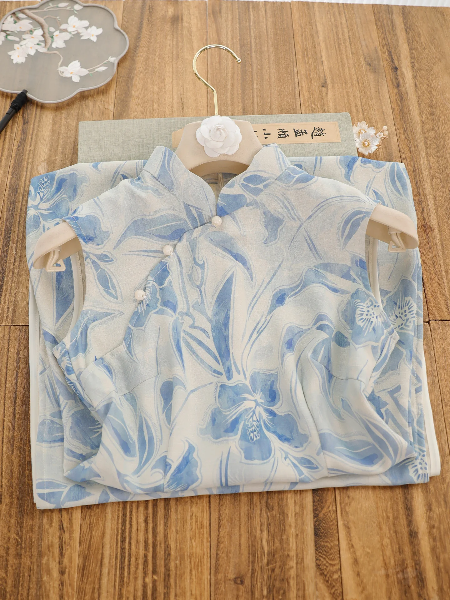 

Blue Retro Chinese Style Sleeveless Qipao Young Version Women's Daily Wear Improved Qipao Long Dress Low Slit Breathable