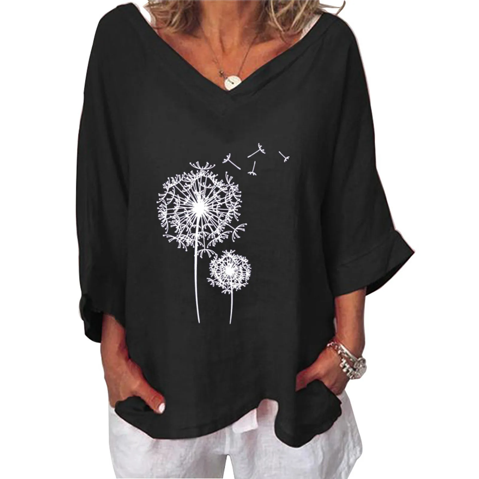 Ladies' Dandelion Print Cotton And Linen V Neck With Cuff Sleeves Vintage Print Woman Clothing Overshirt