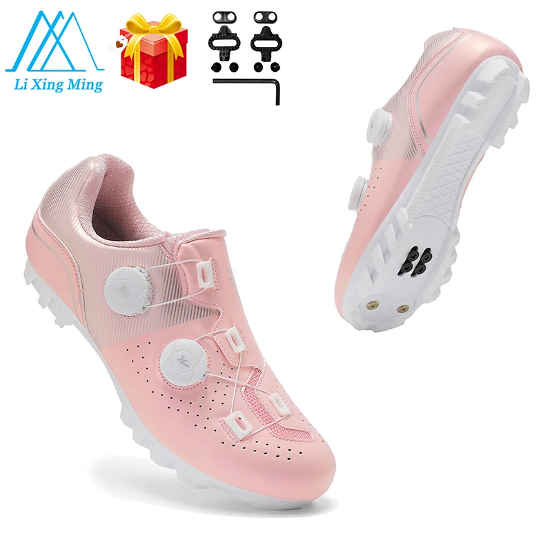 

Розовые велосипедные кроссовки для мужчин, водонепроницаемые, кожаные, с самозапирающимися шипами SPD, для шоссейных велосипедов, женские, плоские, для горных велосипедов, для трейл-байкинга.