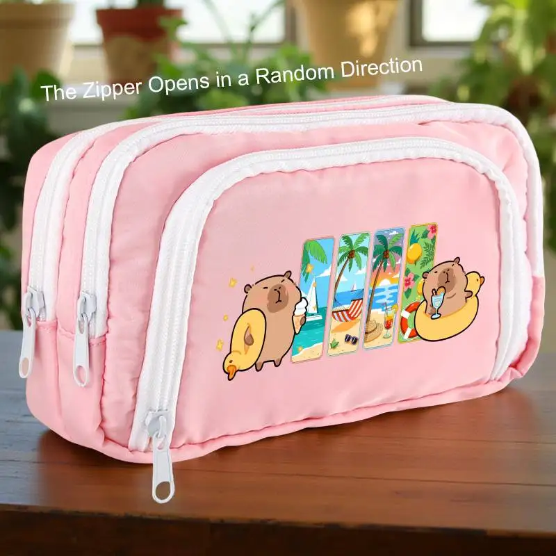 1PC Capybara Large Capacity Pencil Case 3 Layer Zipper Pencil Bag Multi Compartment Organizer Portable Pen Pouch School Supplies view 3