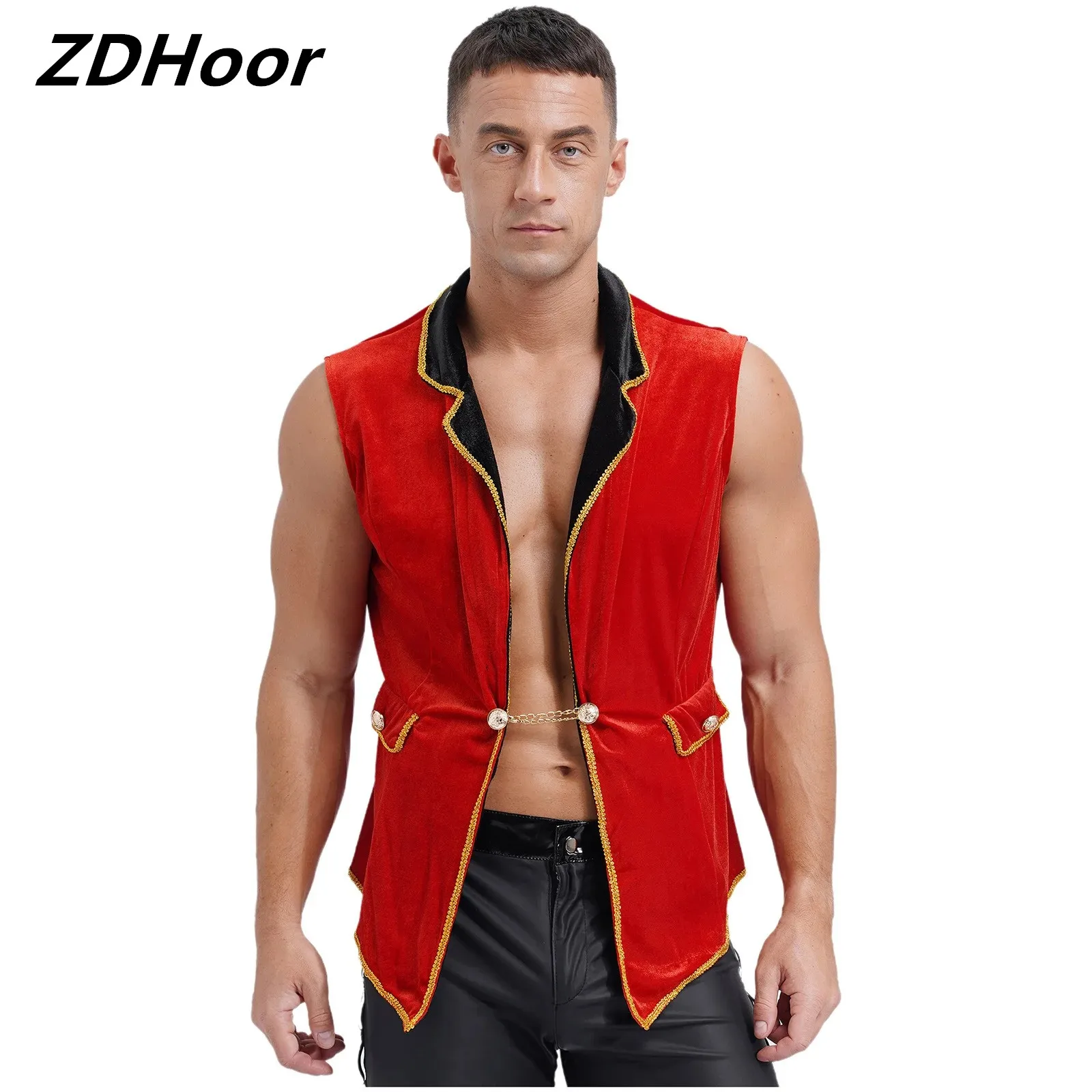 Mens Circus Ringmaster Tailcoat Halloween Cosplay Costume Lapel Sleeveless Gold Details Velvet Jacket