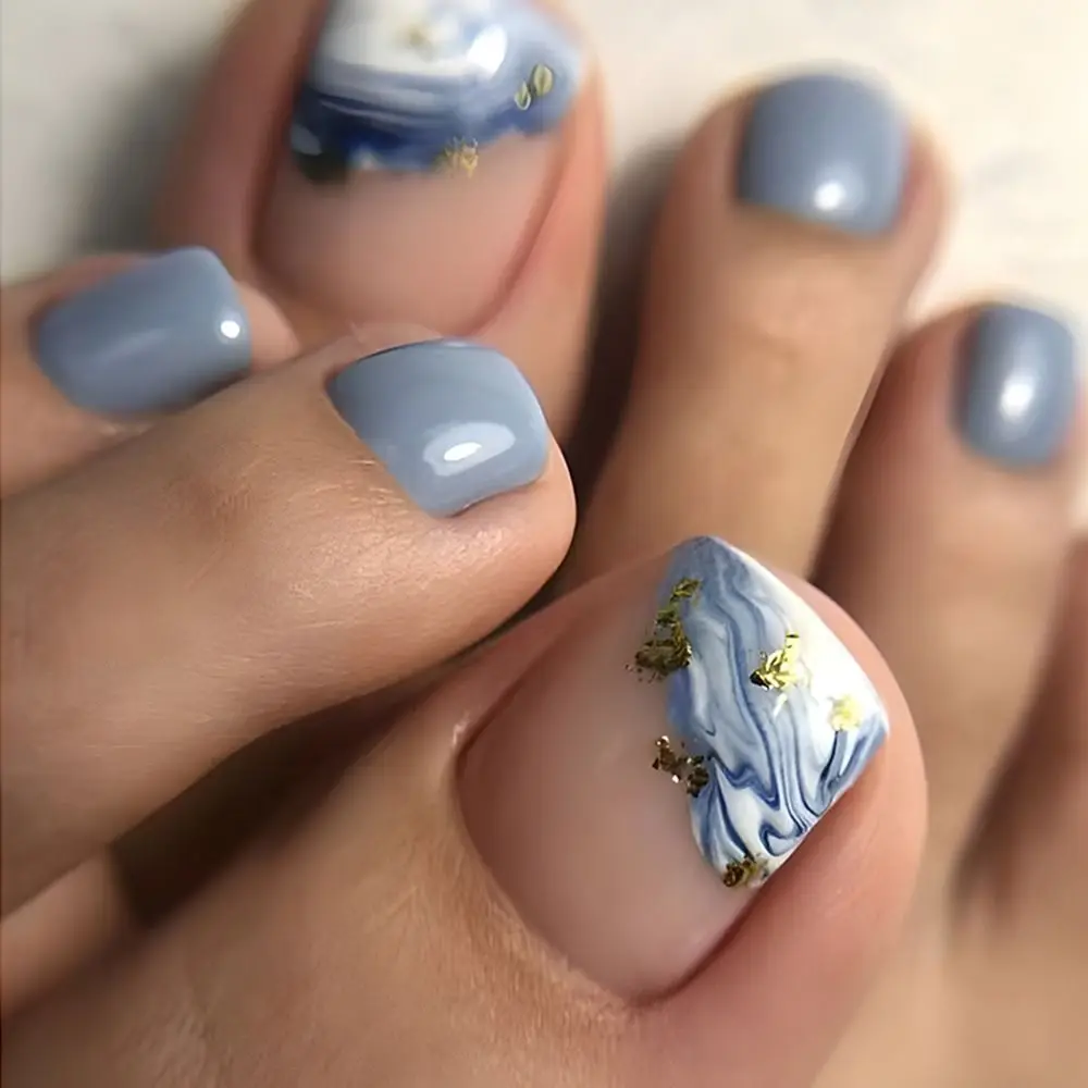 Uñas de los pies postizas para mujer y niña, manicura francesa de cobertura completa, color azul y blanco degradado, 24 piezas