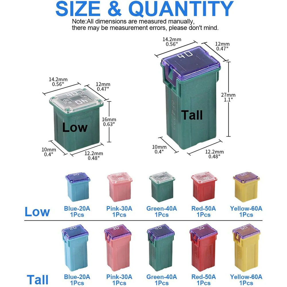 10Pcs JCase  Low and Tall/Standard Profile Box Shaped Fuse 20A 30A 40A 50A 60A Fuse Assortment Kit for  Pickup Trucks Cars  SUVs