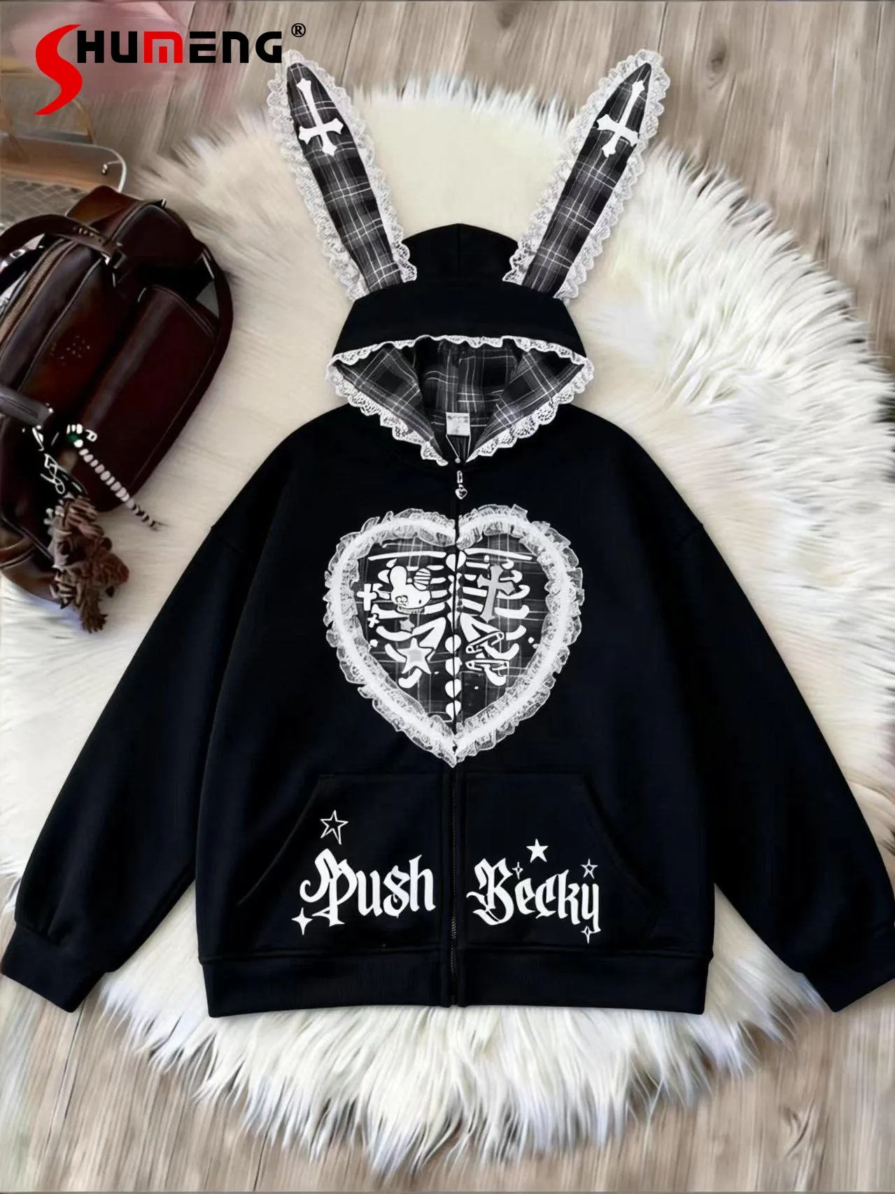 

2026 New Spring and Autumn Subculture Black Hooded Sweatshirt Women Oversized Cute Print Sweet Cool Fashion Hoodies Jacket