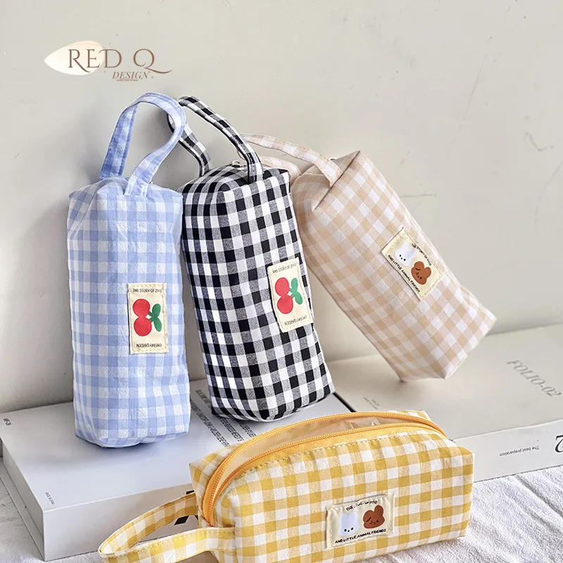 

Cute Plaid Canvas Makeup Handbags Cosmetic Lipstick Coin Purse Storage Bag Kawaii Pencil Cases School Stationery Pouch Bag Kits