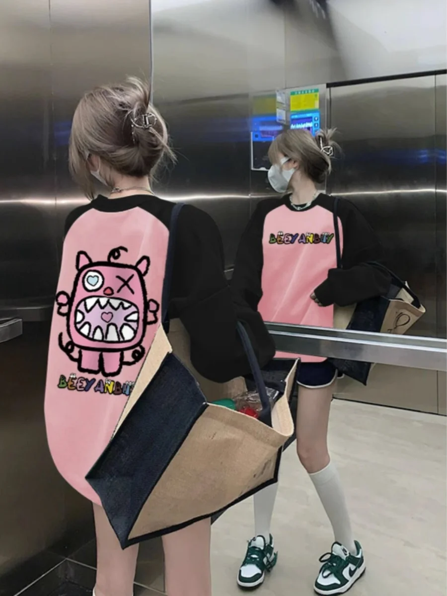 

Pink Spliced American Hiphop Sweatirt Thin New Autumn Winter Oversize Design Unique Top Women's Cotton Long Sve T-irt