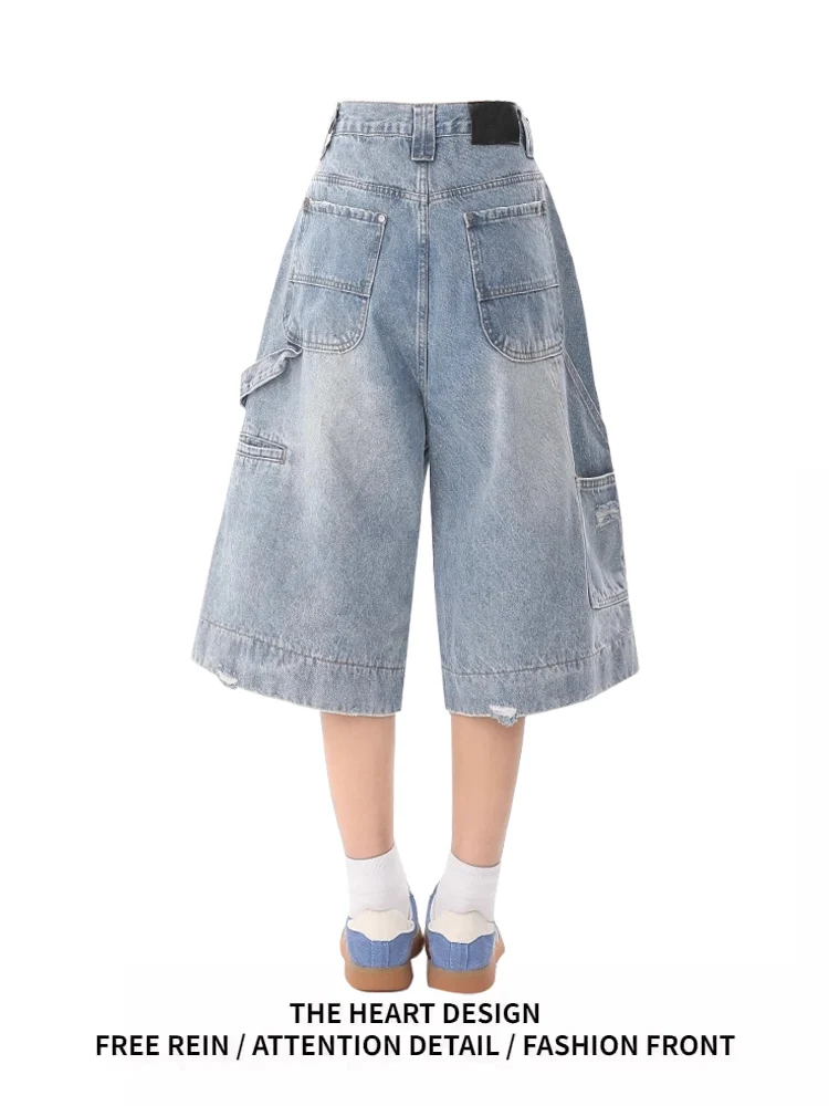 

Waed Denim Workwear orts Women's Summer Loose Wide Leg Seven-Foot Pants Multi-ket orts Blue High Waist Jeans