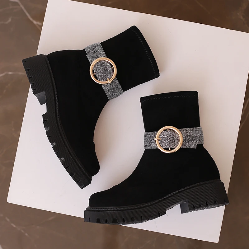 Removable Ankle Circular Metal Belt Buckle Frosted Float Girls' Sock Boots Lolita Style Rubber Sponge Heel Slip-On Short Boots