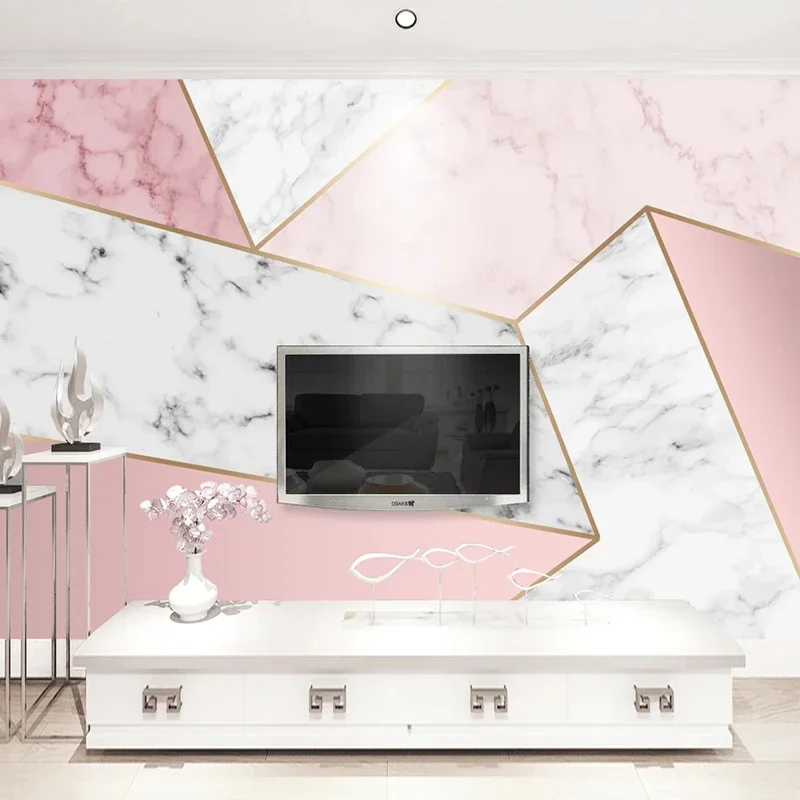 Custom Wallpaper For Walls 3D Pink Geometric Marble Texture Bedroom Living Room TV Backdrop Home Decoration Mural Wall Painting