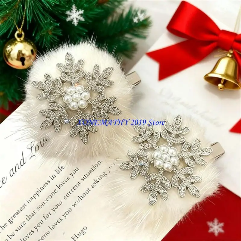 

F42F 6Pcs Elegant Rhinestones Snowflake Hair Clip With Pearls Comfortable Christmas Hair Ornament Holiday Party Gift