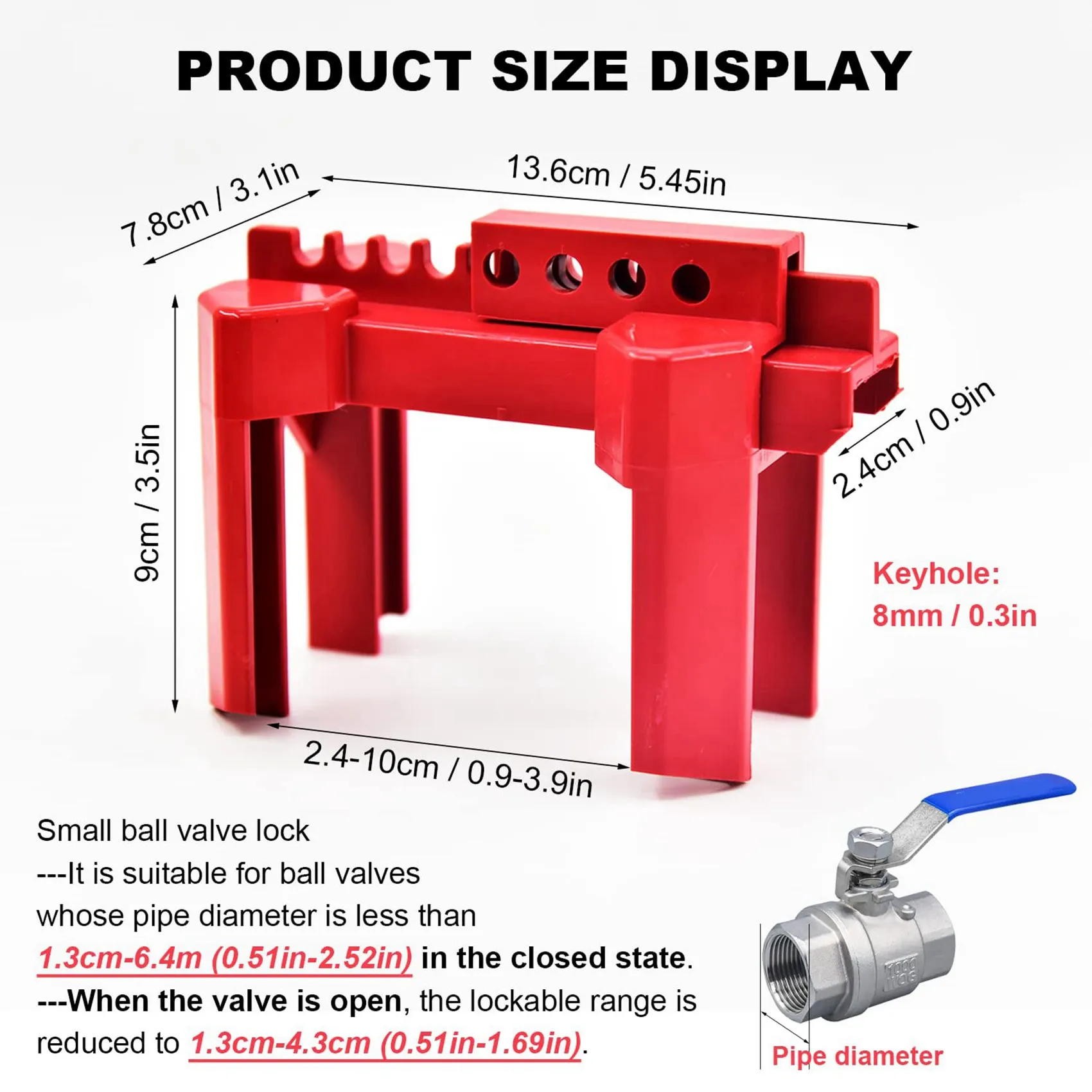 A01F-8X Ball Valve Locking, Adjustable Ball Valve Locking Device, Small, For 1/2Inch-2-1/2Inch Outer Pipe Diameter, Red