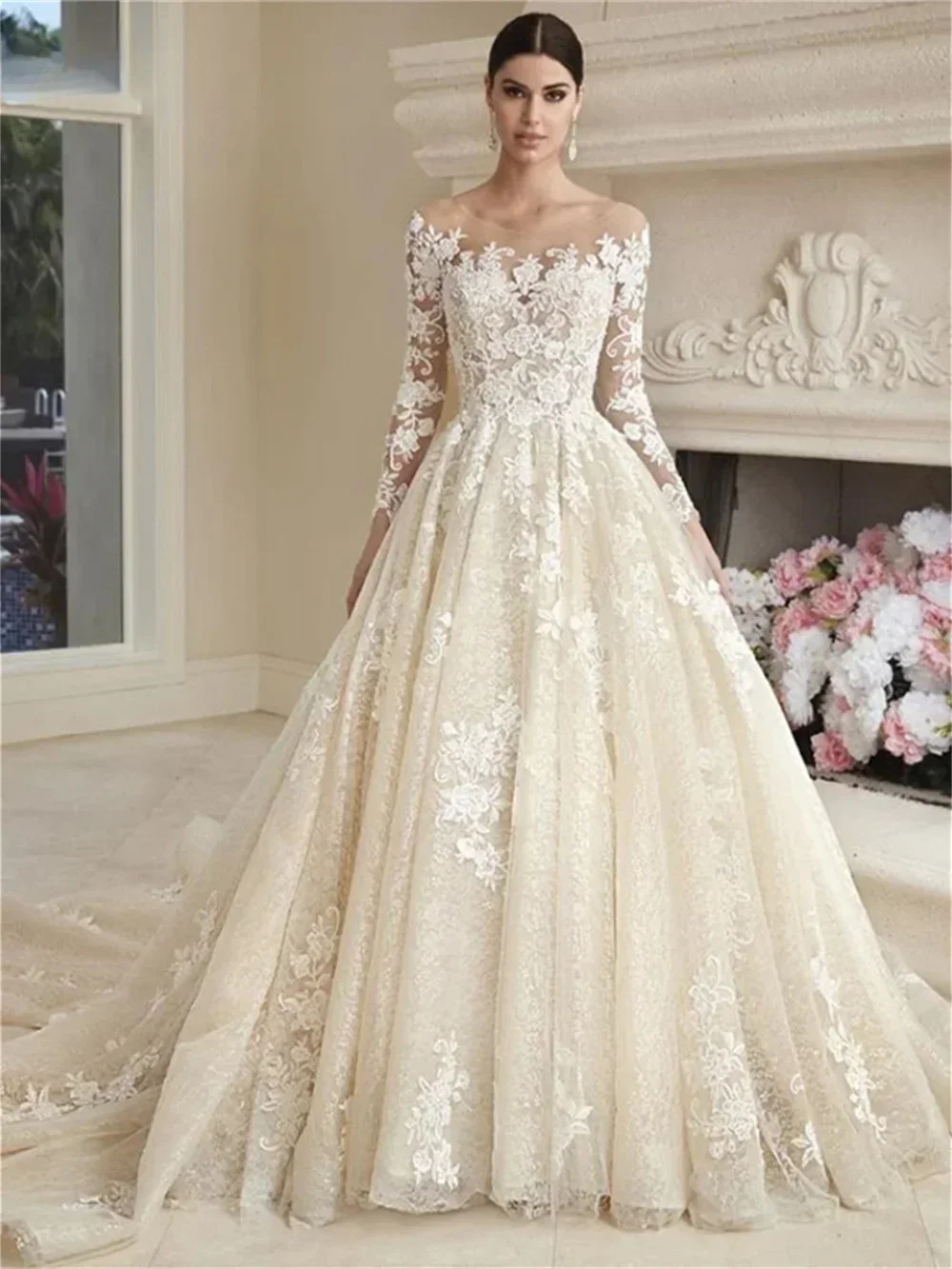 

Customize 2025 Wedding Dress Elegant Tulle Bridal Gown Luxurious Long Sleeve Bridal Dress Vestidos De Novia