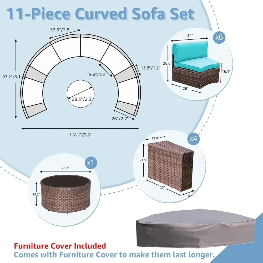 Half Moon Patio Furniture Sectional Set, Curved Outdoor Sofa,All-Weather Wicker Chair and Round Coffee Table,Turquoise 11 Pieces