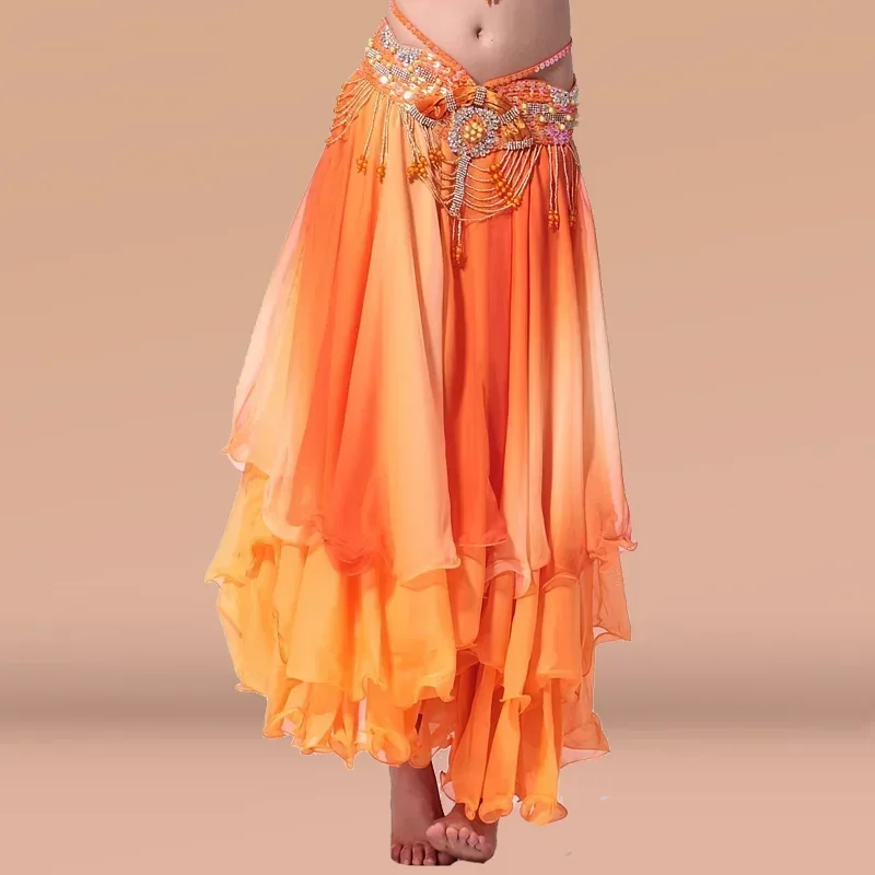 Belly Dance Skirt Simulation Silk Gradient Color Three-layer Skirt Women's Dance Performance Practice Clothes Big Swing Skirt