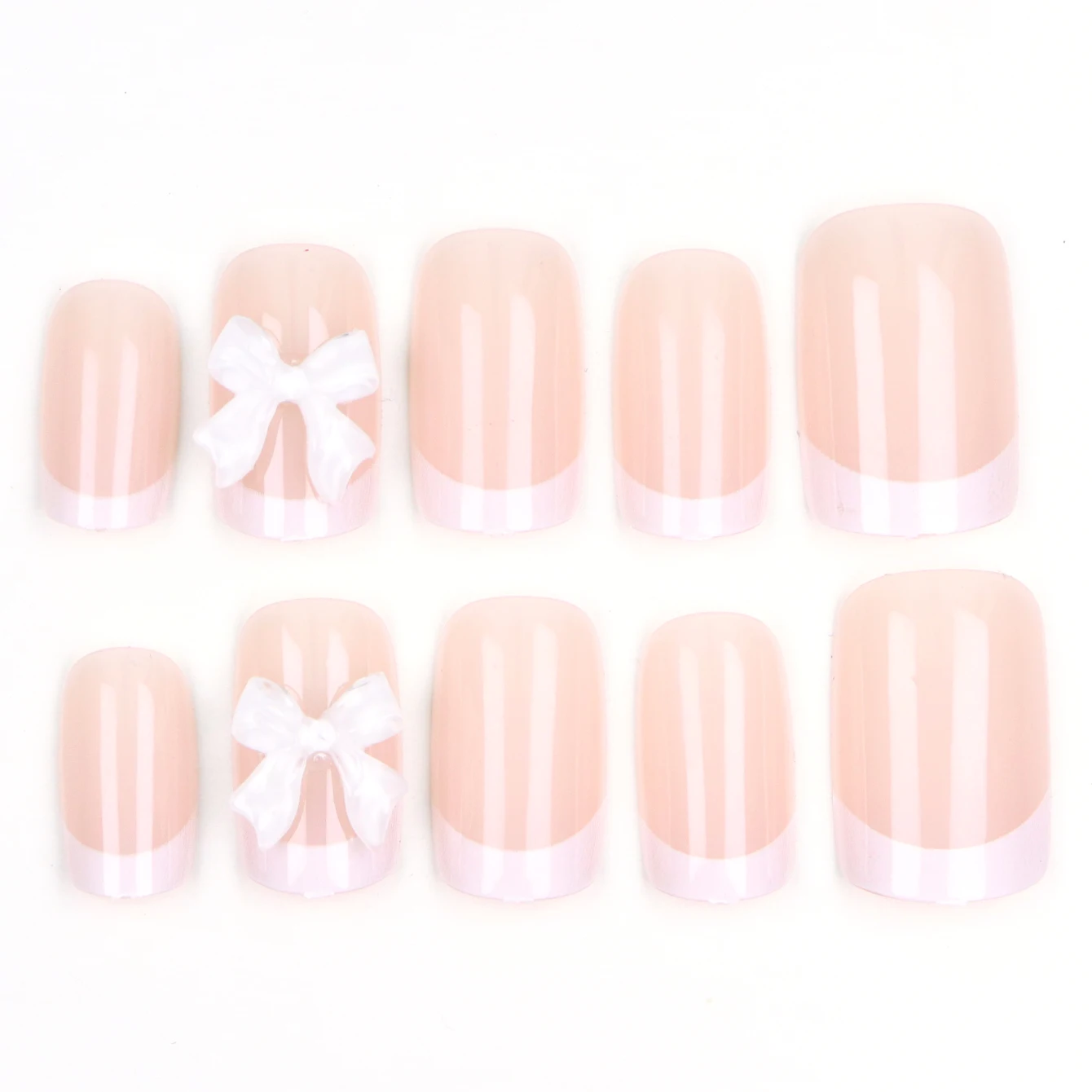 10 PCS  White Short Square With White Bowkont On  Fake Nails-Full Cover Fake Nail Set-1pc Nail File & 1Nail Glue Sticker Kit Nai