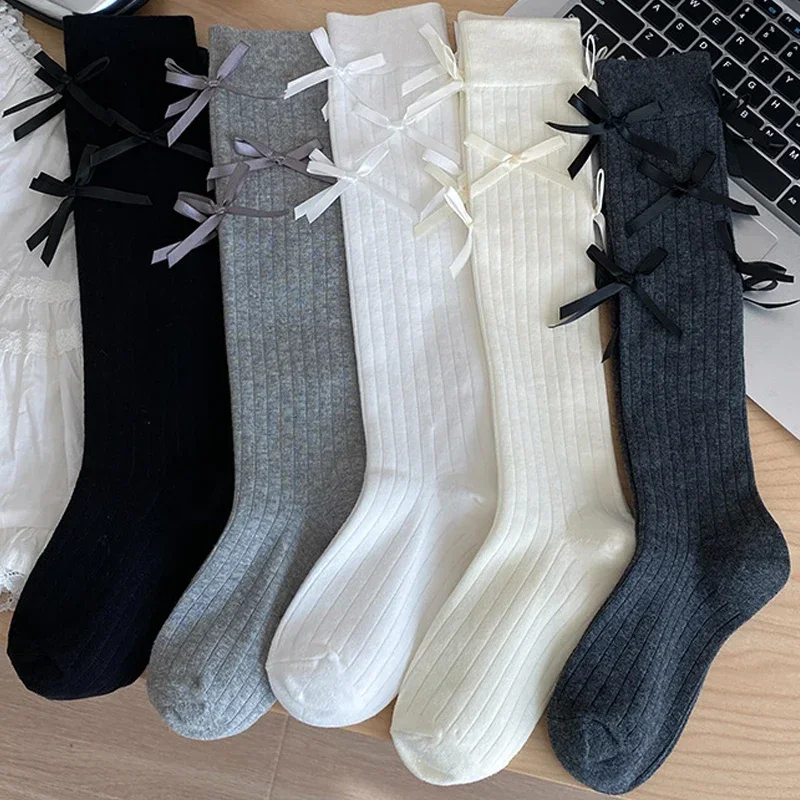 Lolita Long Socks Women Bandage Ribbon Bow Sweet Girls Kawaii Sexy Middle Tube Socks Ballet Style Solid Color Black White Socks image 4