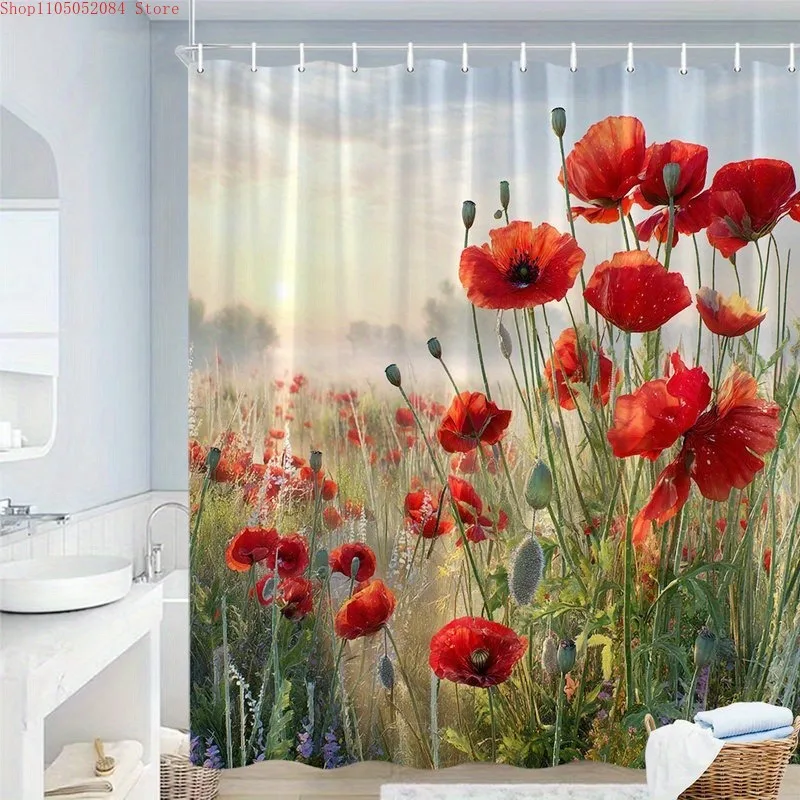 1pc vibrant poppy field shower curtain scene-   With Hooks Waterproof Mildew Proof Easy Install Washable